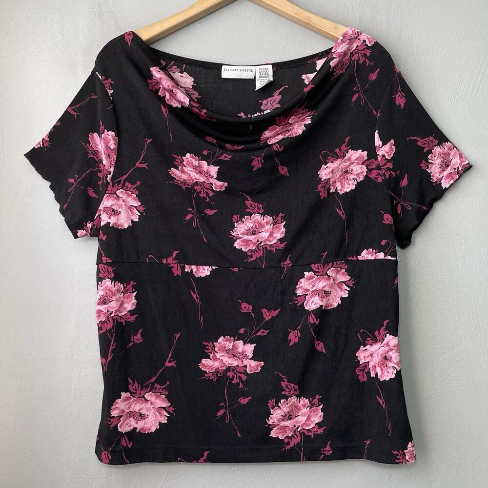 Y2K Top Size XL Black Pink Floral Cowl Neck Stretch Babydoll Whimsigoth Romantic